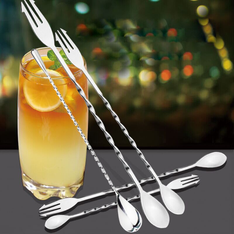 1Pcs Cocktail Fork Spoon Double Head Stainless Steel Cocktail Bar Durable Bar Appliances Stirring Rod Spiral Shape Kitchenware