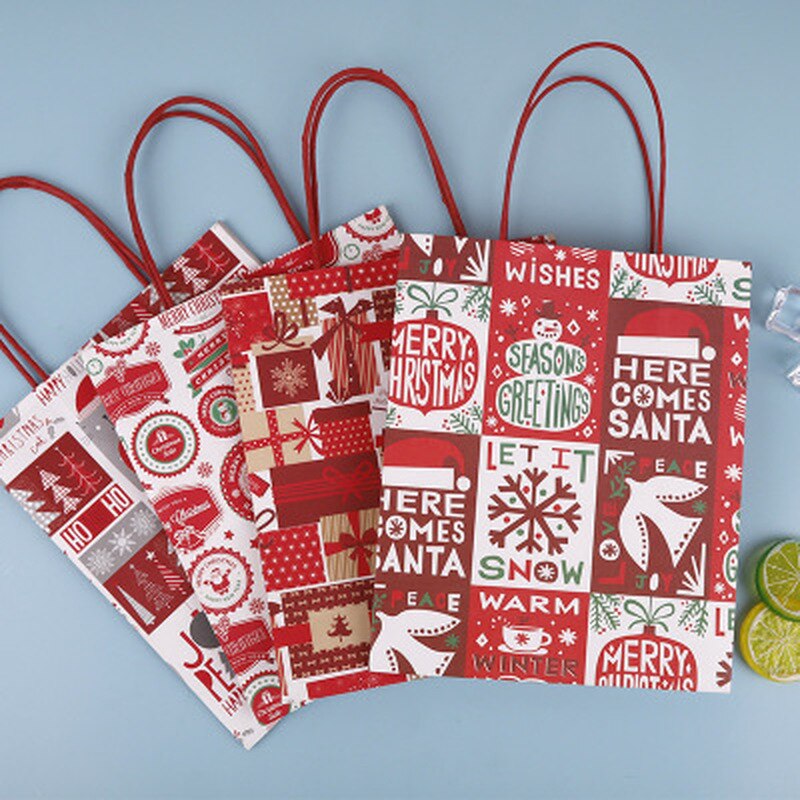 Merry Christmas Bags Kraft Paper Handbag Bag Xmas Tree Snowflake Christmas Candy Box Year Kids Favors Packaging Bag