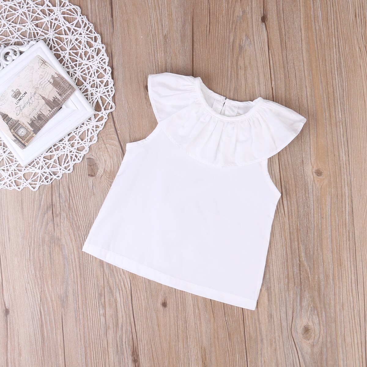 Vêtements bébé fille en coton blanc solide | Col ras du cou, décontracté, sans manches, à volants, chemise d'été, vêtements pour -né 0-24M