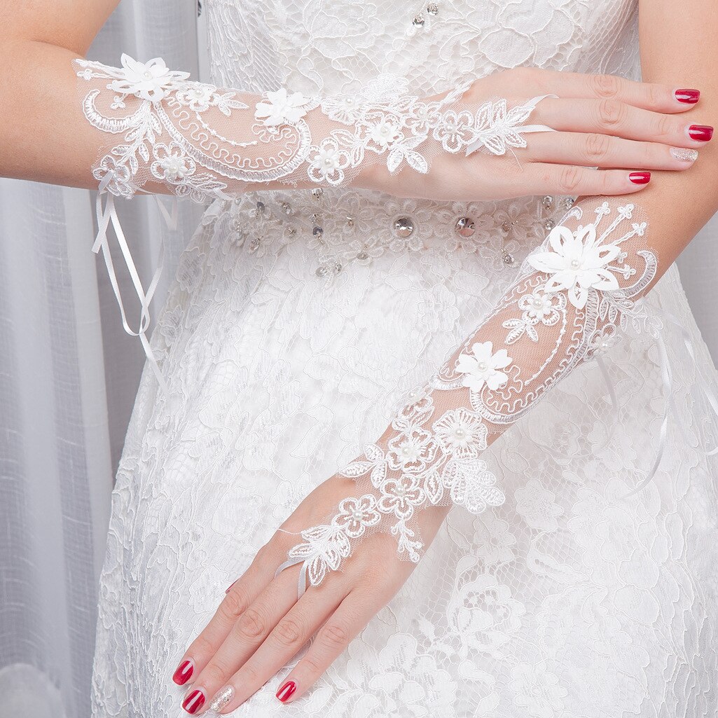 Beauty Bridal White Fingerless Wedding Gloves Lace Pearls Eblow Length Glove Party Ornament Accessory