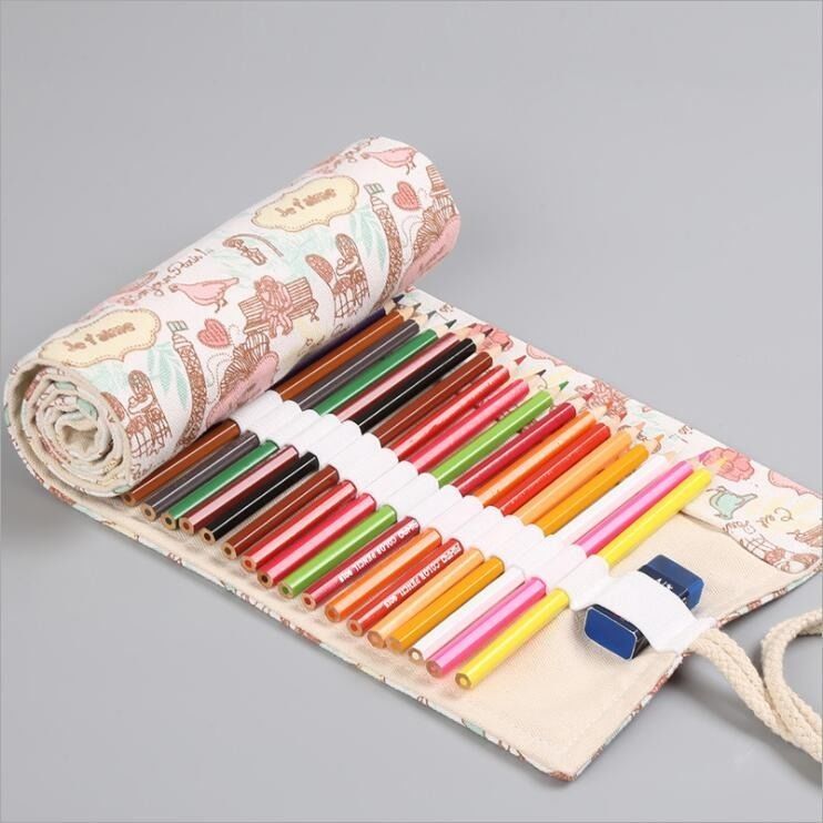 Trousse à crayons en toile 12 36 48 72 trous, tour de fer Kawaii, sac à stylos d&#39;art, pochette enveloppante, rouleau de maquillage, cosmétique, brosse, papeterie de rangement
