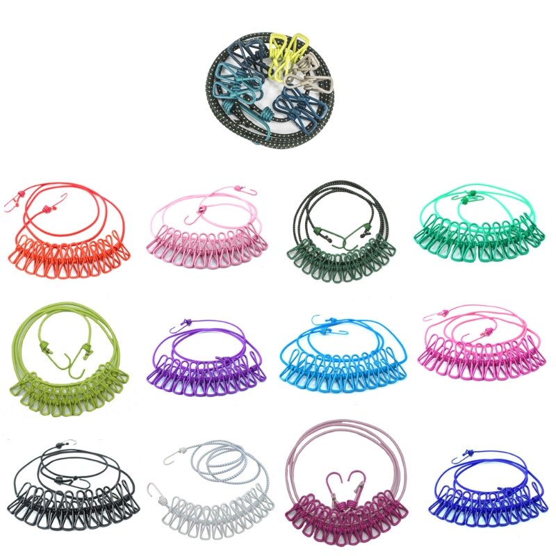 Portable Camping Clothesline Sock Line Hanging Laundry Drying Rope With 12 Clips Used on RV Boat Balcony Attached on Tree
