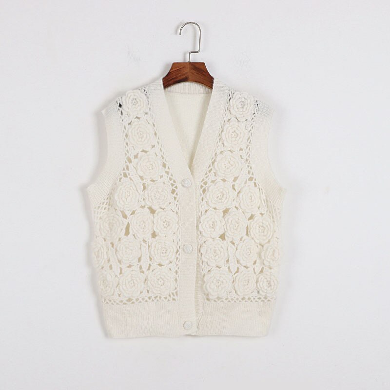 Handgemaakte Haak Bloem Uitgeholde Trui Wit Mohair Drie-Dimensionale Bloem Vest Vrouwelijke V-hals Gebreide Jas Vest: C / M
