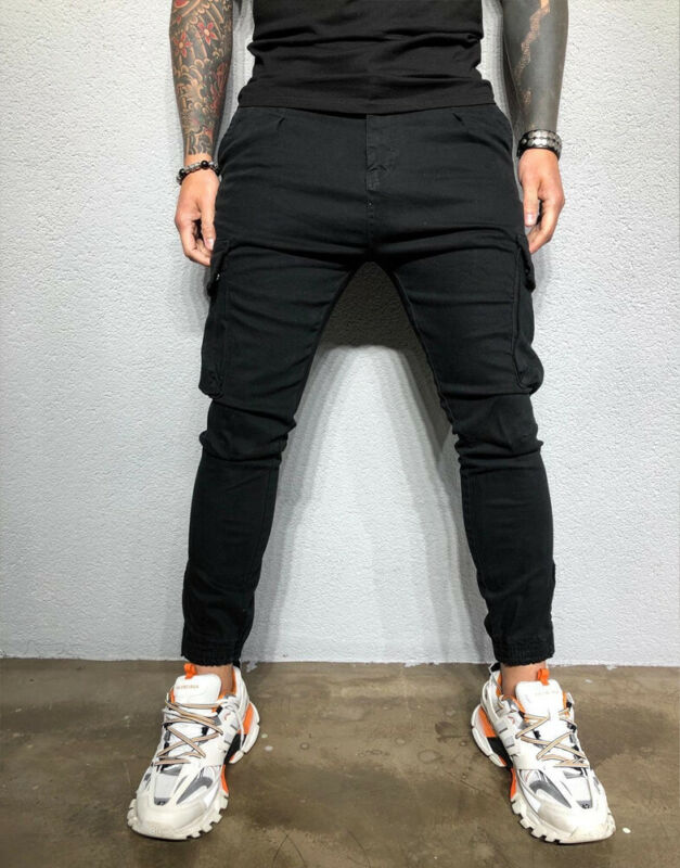 Slim lommer urbane bukser med rette ben for menn joggejoggebukser cargobukse tilfeldig tynne blyantbukser