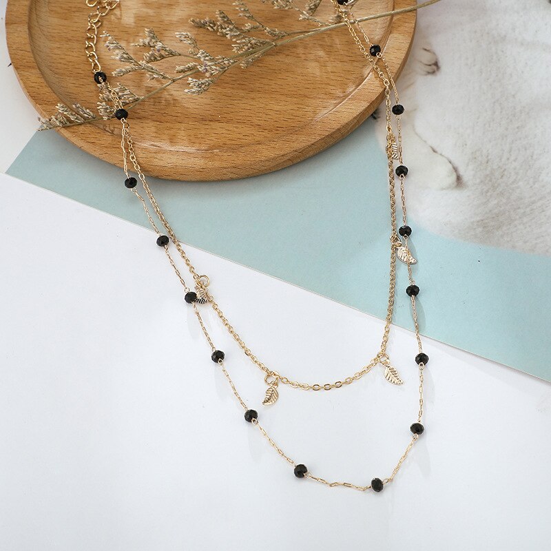 Dubbele Gelaagde Ketting Vrouwen Kwastje Charm Choker Ketting Zwarte Kralen Bohemian Ketting Metalen Goud Kleur Party Fe