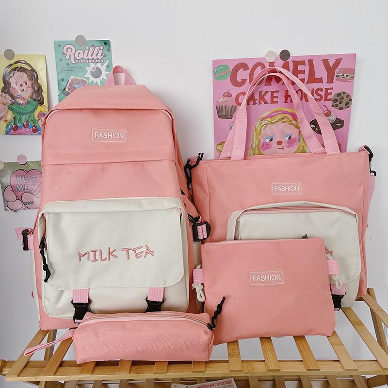 Mochila Oxford Harajuku para chica, bolso escolar de gran capacidad, bolsas para libros de estudiantes, 4 piezas: Pink