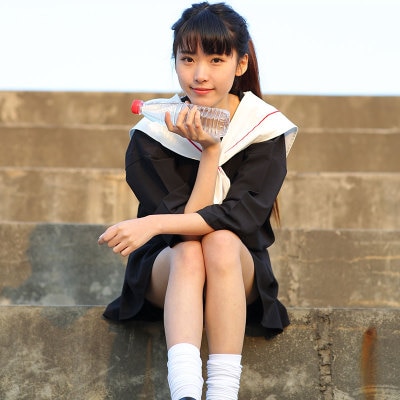 Japanese school uniforms Korean Pleated Skirts Sailor School suit for girl White black short sleeves set Harajuku Kawaii: black / S