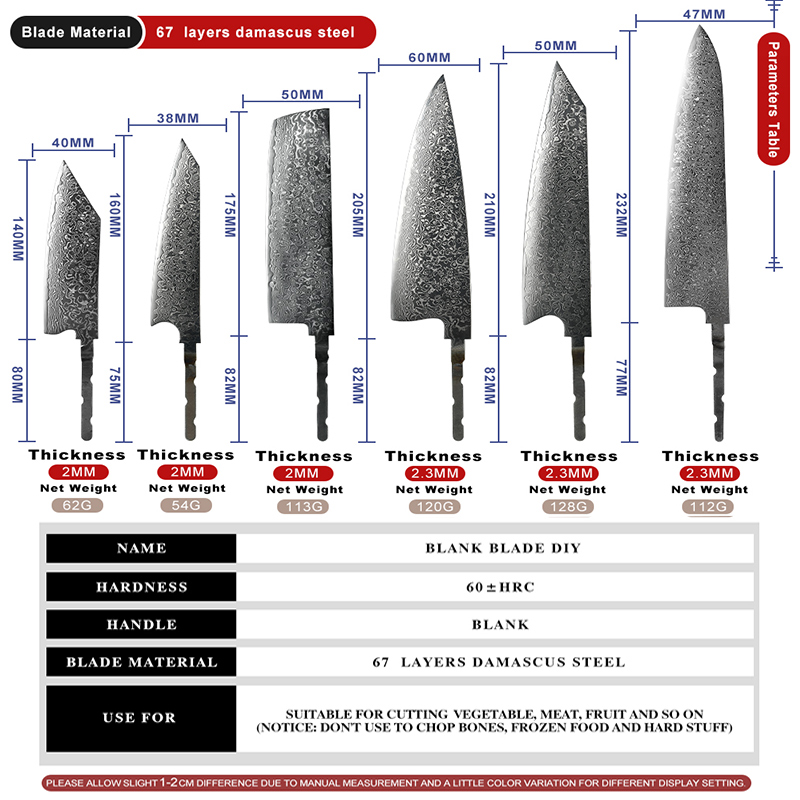 GRANDSHARP Japanese Chef Knifes Blank Blade DIY Damascus Steel VG10 Kitchen Knives Cutlery DIY Knife Making Tool without Handle