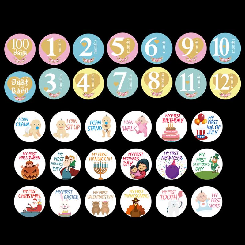 32 PCS Baby Monthly Photograph Sticker Cute Cartoon Infant Milestone Sticker 1-12 Month Scrapbook Photo Album Photo Prop