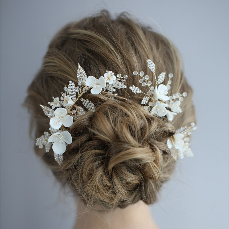 Handmade Bride Headpiece biżuteria ceramiczna kwiatowa do włosów grzebień zestaw klipów wsuwka ślubne ślubne akcesoria do włosów