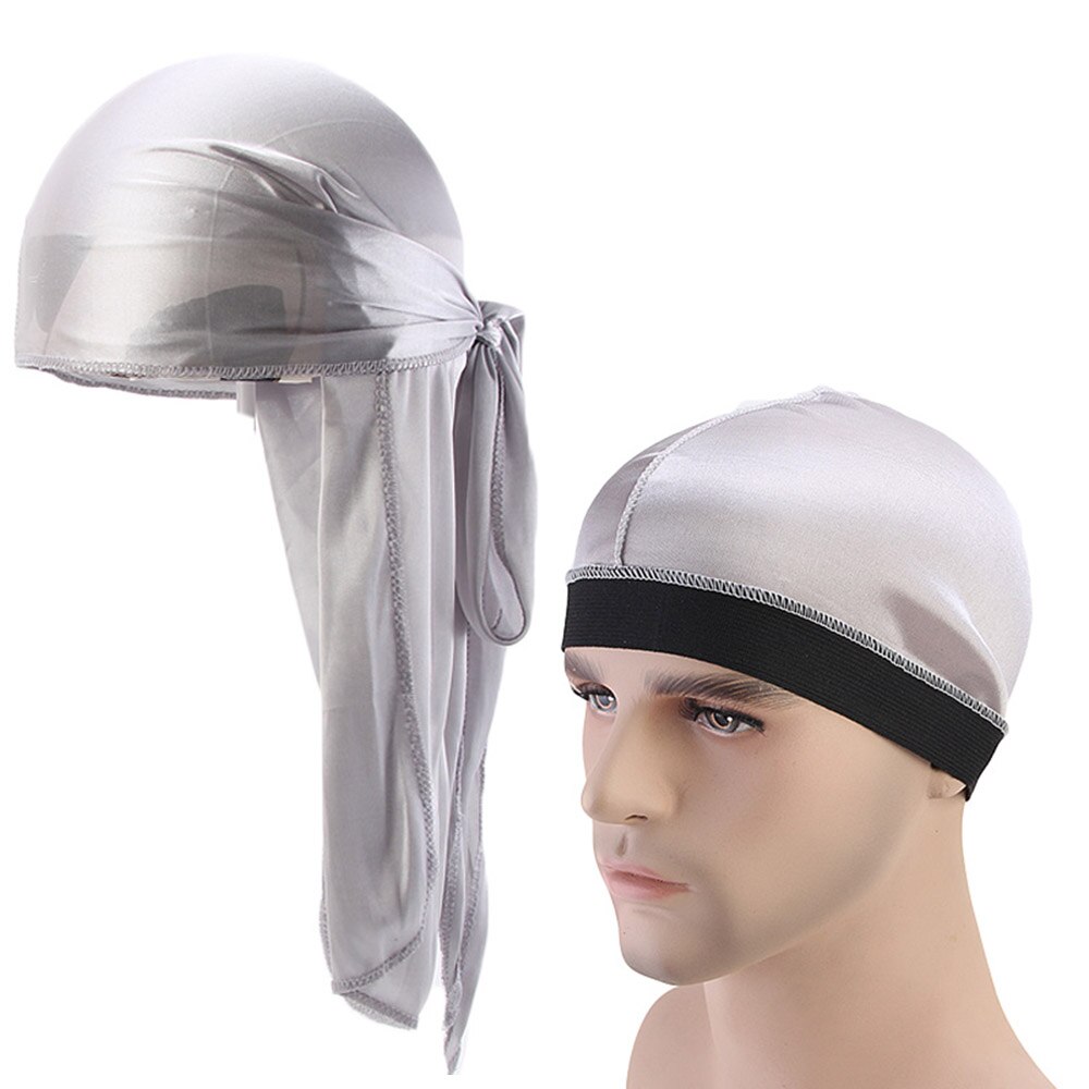 Unisex Durag Long Satin Breathable Turban Du rag Pirate Hat Men Hip Hop Durags 2pcs/lot: Silver