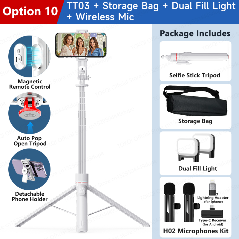 TOKQI TT02/TT03 trípode para palo de Selfie soporte para teléfono móvil trípode emergente automático interfaz de 1/4 'para disparo de cámara de acción de teléfono móvil: Plata