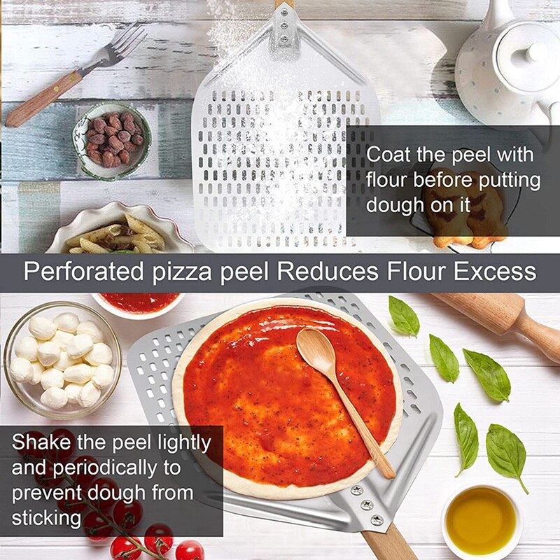 Perforated Pizza Peel, 12 Inch Anodized Aluminum Pizza Paddle with Detachable Handle Rectangular Pizza Turning Peel