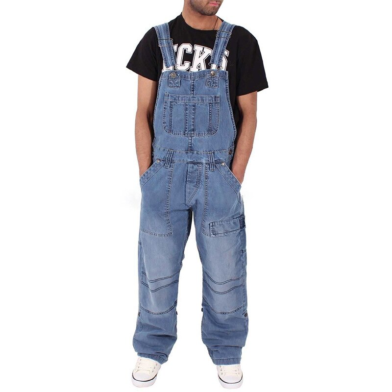 Mandylandy Men Denim Overalls Plus Size Loose Jeans Pants Casual Stylish Multi-Pocket Loose Denim Trousers Work Clothes: Light Blue / XL