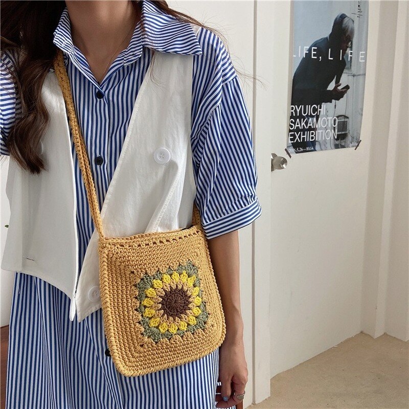 Zomer Zonnebloem Kleine Messenger Bag Hollow Geweven Gebreide Schouder Crossbody Zakken Voor Meisjes Mini Katoenen Doek Handtas