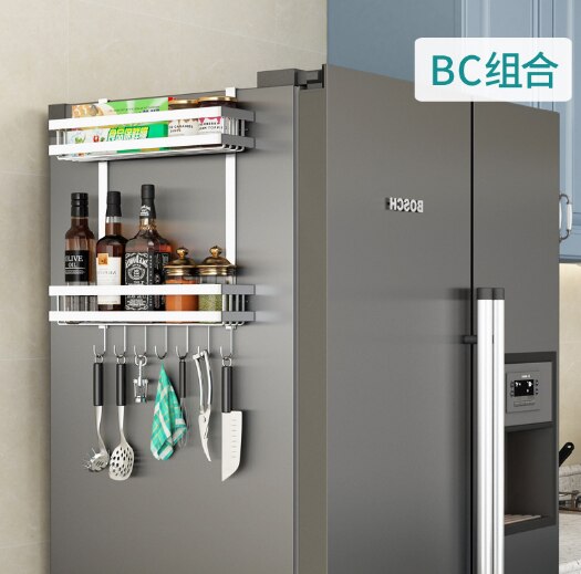 Multifunctional Refrigerator Rack Side Storage Rack Kitchen Spice Rack Wall-mounted Rack Kitchen Accessories Organizer: BC / Black