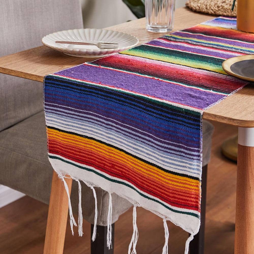 4 farver mexicansk fest serape bomuld duge bordløber regnbue bryllupsfest bordløbere hjemmepynt 213 x 35cm: Lilla