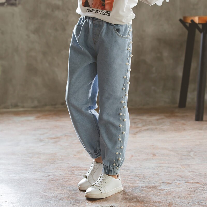 Børne jeans med perler løs stil børn pencil jeans til piger baby denim bukser teenager kausal pencil bukser