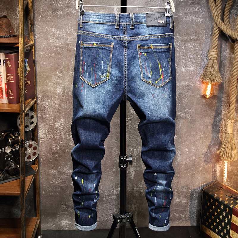 Spring Men's Blue Ripped Jeans Color Splash Ink Denim Trousers Motorcycle Punk Red Patchwork Jeans Streetwear