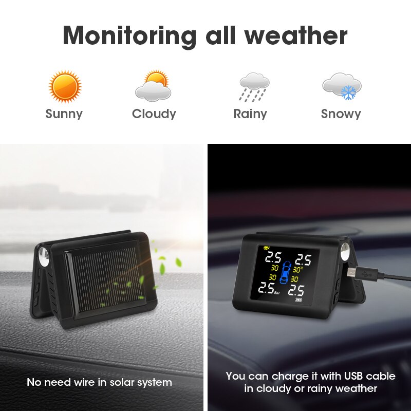 Jansite TPMS Wireless Car Tire Pressure Monitoring Intelligent System Solar Power Big LED Display with Built-in/External Sensor