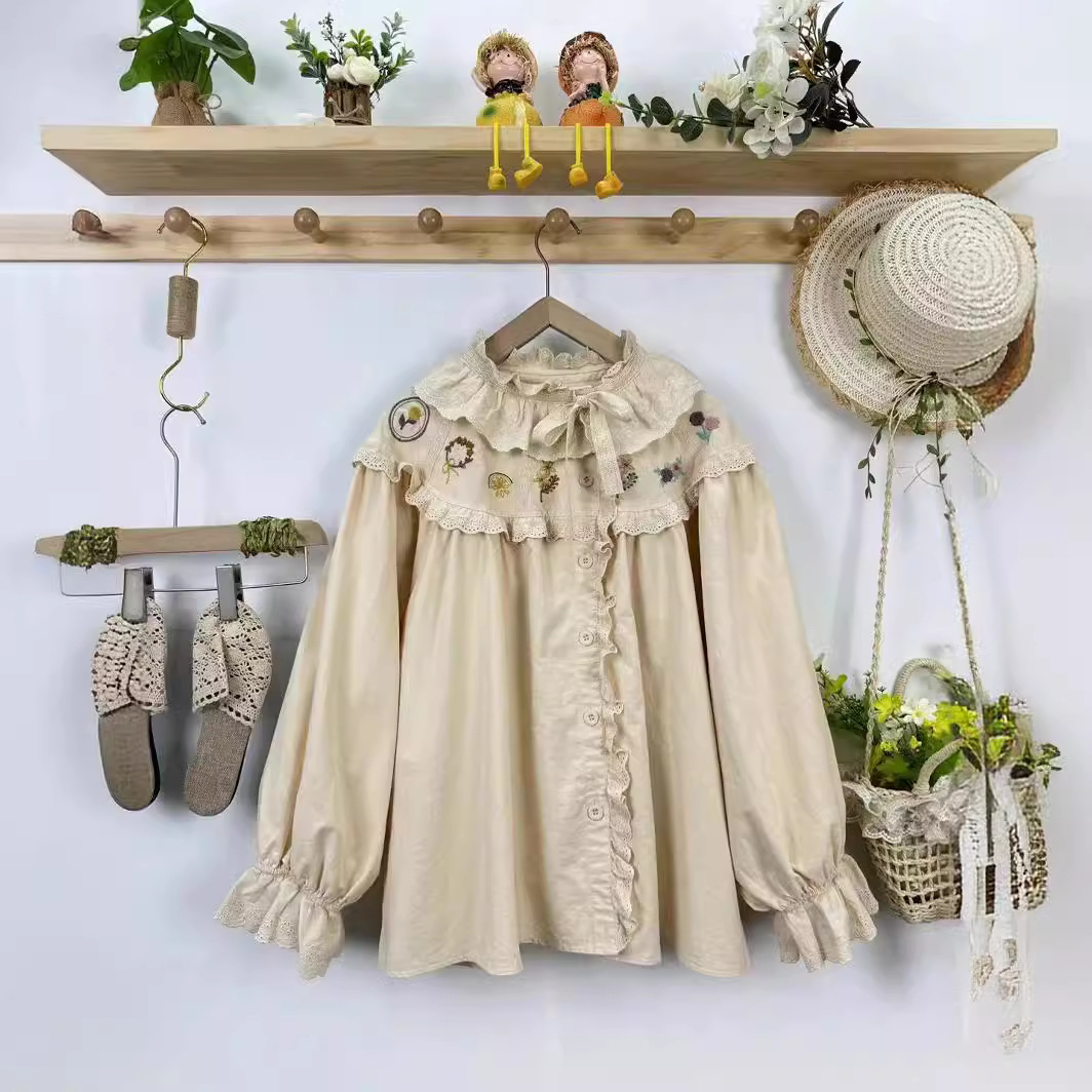 Spring Cotton Casual Long Sleeve Shirt Women Stand Neck Embroidery Top Girl Loose Sweet Blouses Summer T45852QM