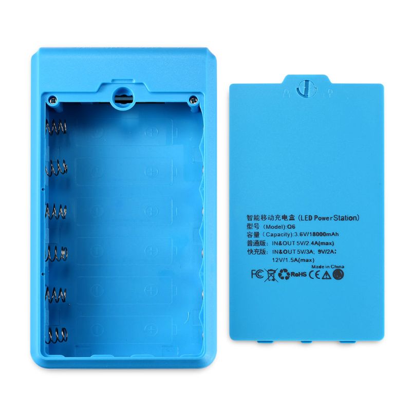 Scatola DIY Power Bank - Batteria 6x 18650 - Uscita USB 5V 2.1A - Ingresso Micro USB/Type-C - Plastica: Blu