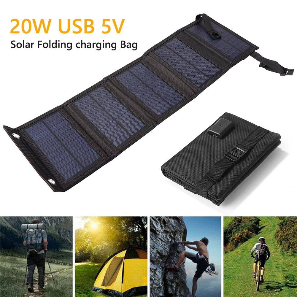 20W Foldable Solar Panel USB Solar Cells 5V Portable Battery Charger Outdoor Solar Charger Power Bank for Smartphones Charging: 20W 590x170x3MM
