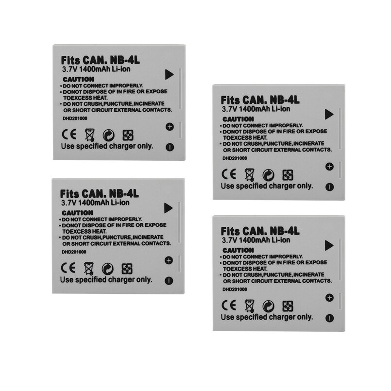 Batería de NB-4L NB4L para Canon IXUS, cargador de 100 mah para modelos 30, 40, 50, 55, 60, 65, 80, 110, I20, 115, 120, 130, 117, 220 IS, 225, 230, 255 y 1400: 4Battery