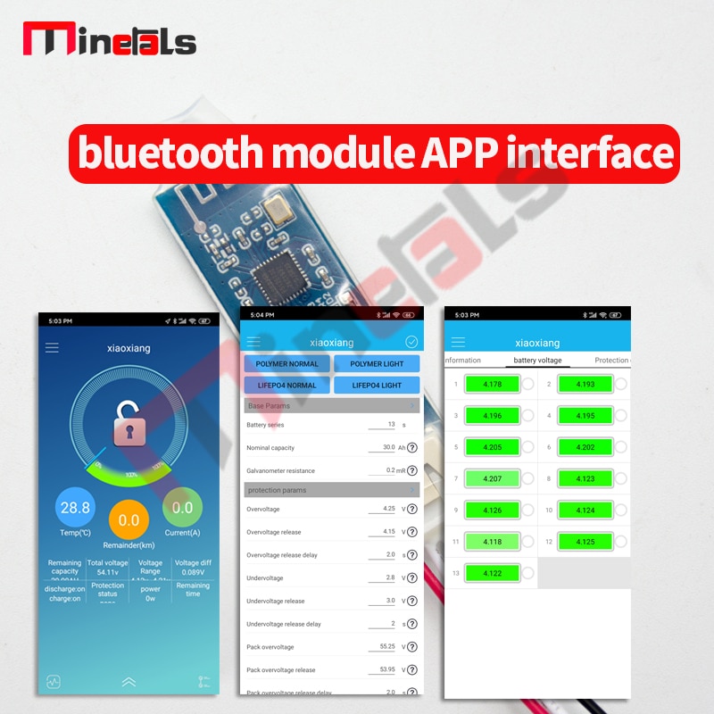 14s BMS bluetooth balance APP power display PC communication battery polymer 3.2v 20a 30a 40a 50a 60a protection board smart bms