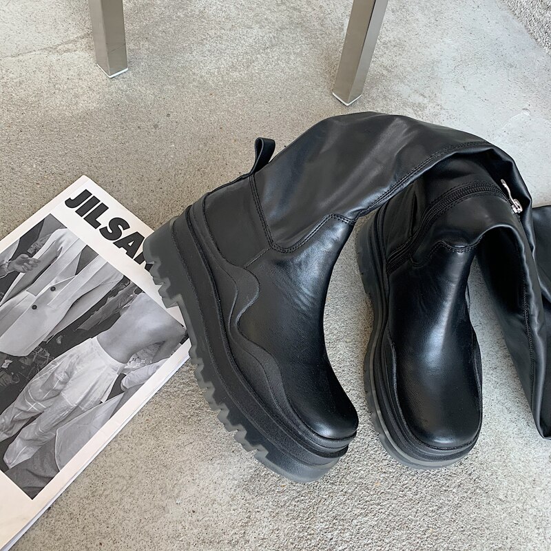 Femmes Stretch tissu cuir cuissardes décontracté sur le genou bottes femmes plate-forme Punk bottes noir bottes femmes