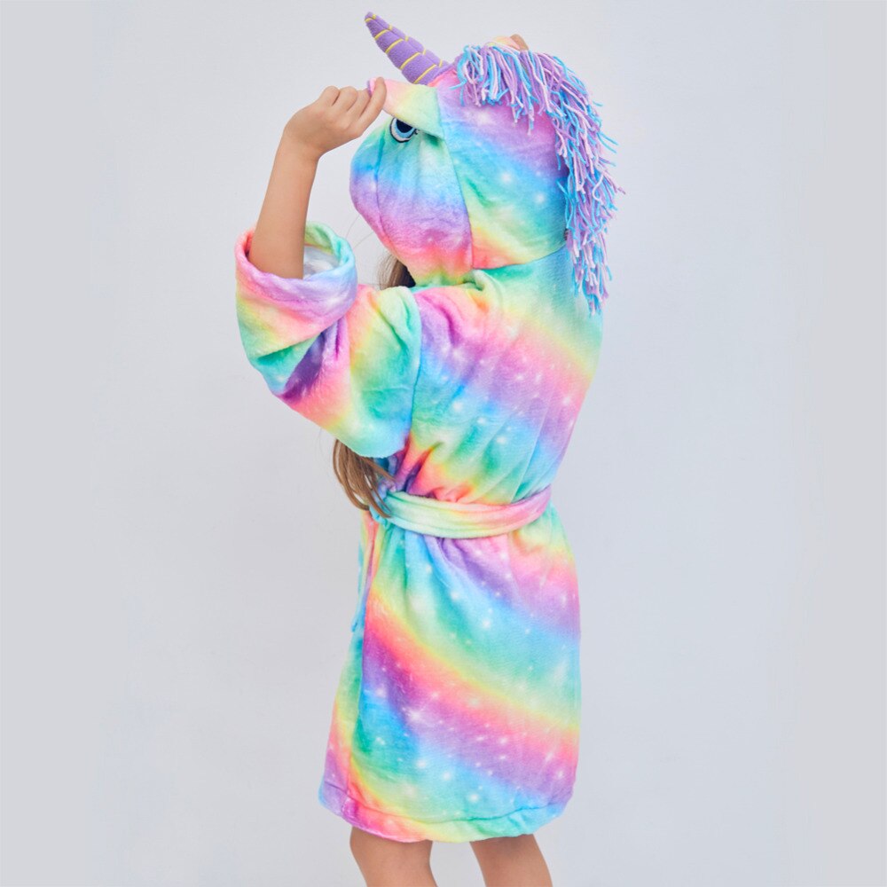 Unicorn regnbåge badrockar för flickor pyjamas långa ärmar huva handduksrep för barn hemkläder varma nattkläder för barn