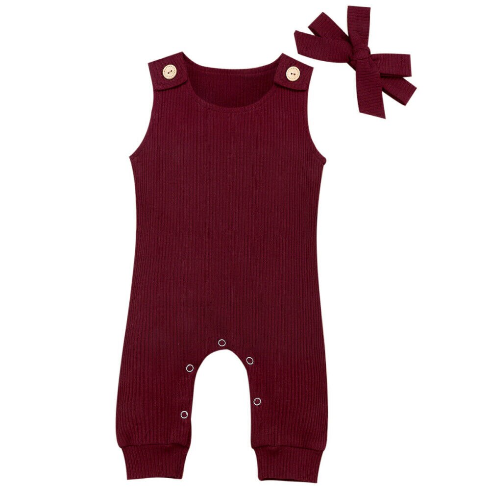 0-24m spedbarn baby jente gutt romper solide ermeløs nydelig jumpsuit+hodebånd 2 stk antrekk klær sommer: Vinrød / 6m
