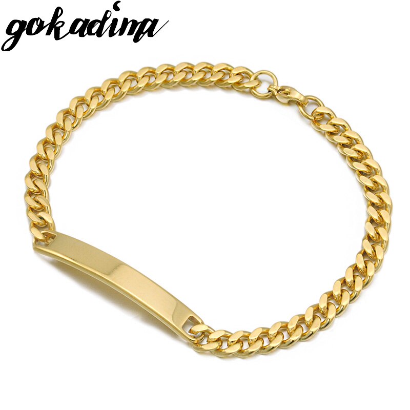 GOKADIMA Gold Color Stainless Steel Bracelet Women Jewelry Curb Chain Blank ID Bracelet Jewellery WB146: gold color