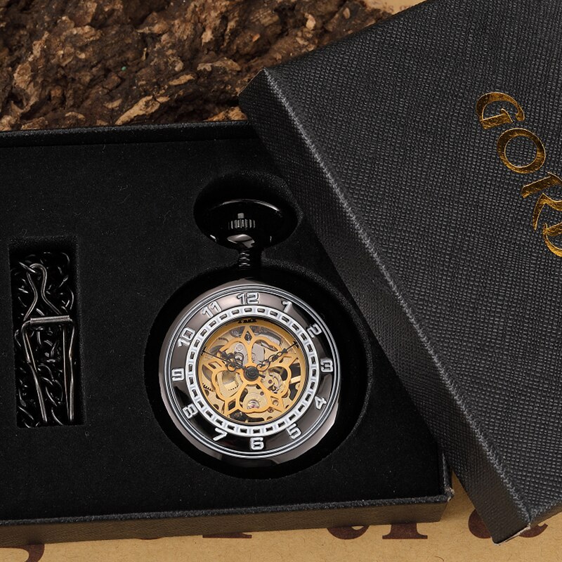 Unique Hollow Petal Pattern Mechanical Pocket Watch Arabic Numeral Case Roman Numeral Golden Dial Rhinestone PM029: box set