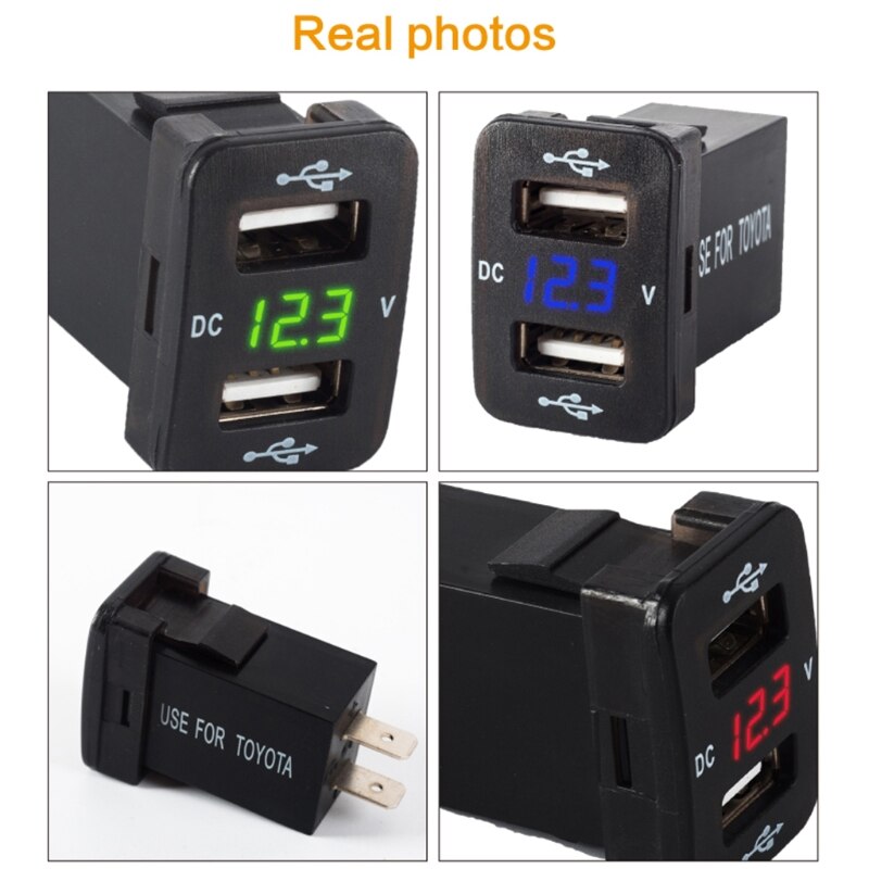 40x23mm 12V Dual USB Ports Car Charger LED Voltmeter Power Adapter For Toyota