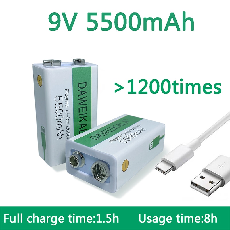 9V 5500mAh 9V Battery Rechargeable battery Micro USB Battery 9V lithium for Multimeter Microphone Toy +USB charging cable