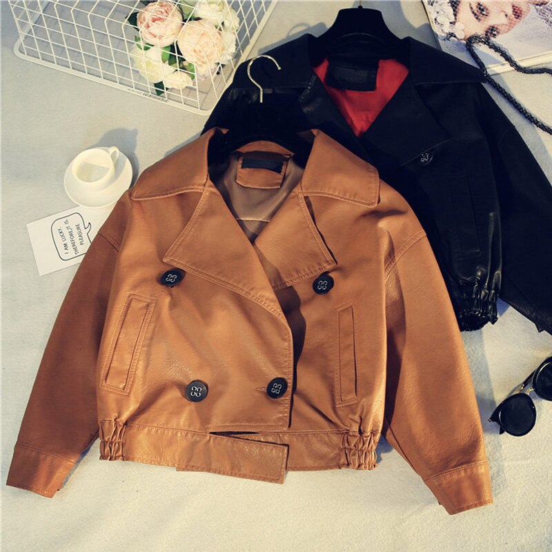 Blouson manches chauve-souris en similicuir femme, ample pour motard , grand revers court à la décontracté