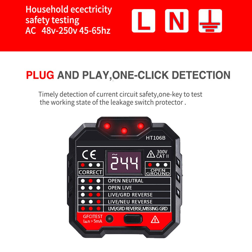 HT106 Socket Outlet Tester Circuit Polarity Voltage Wall Plug Breaker Finder UK EU US Plug Ground Zero Line Plug Polarity Phase