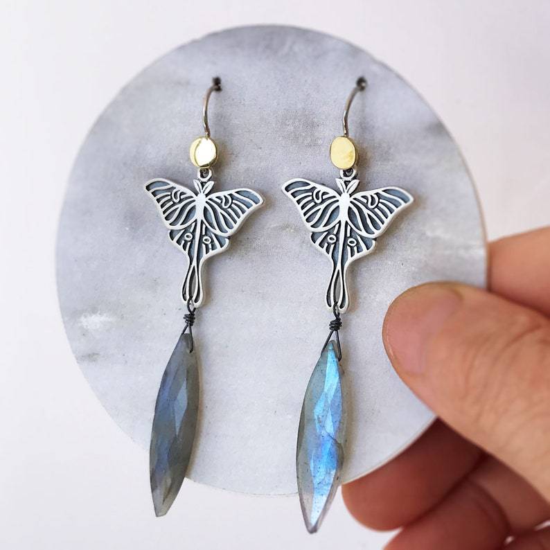 Exaggerated Moon Crow Skull Earrings Stars and Moon Bohemian Healing Celestial Witchy Metaphysical Jewelry: C
