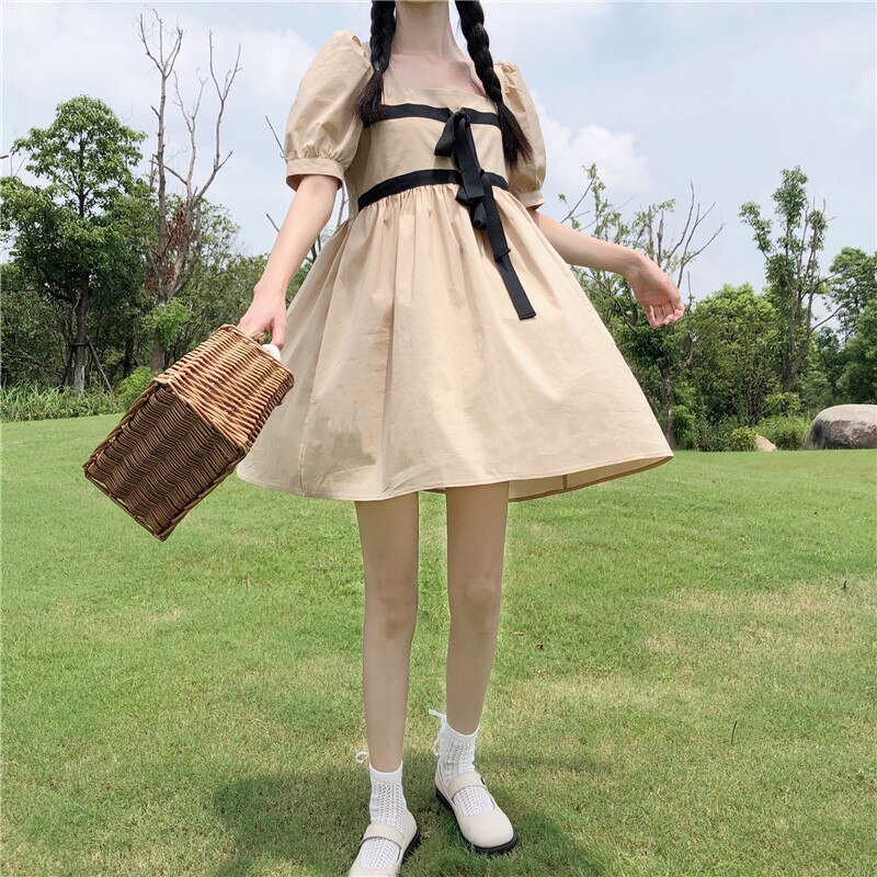 Vrouwen Zomer Japanse Stijl Vierkante Kraag Bladerdeeg Mouw Strikje Fee Jurk Thee Party Lolita Jurk Zoete lolita Pop