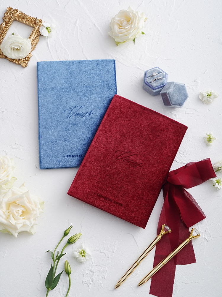 Romantisk fløjl bryllupsløfter bog med chiffonbånd støvede blå bryllupskort løftefornyelse brude brusebad