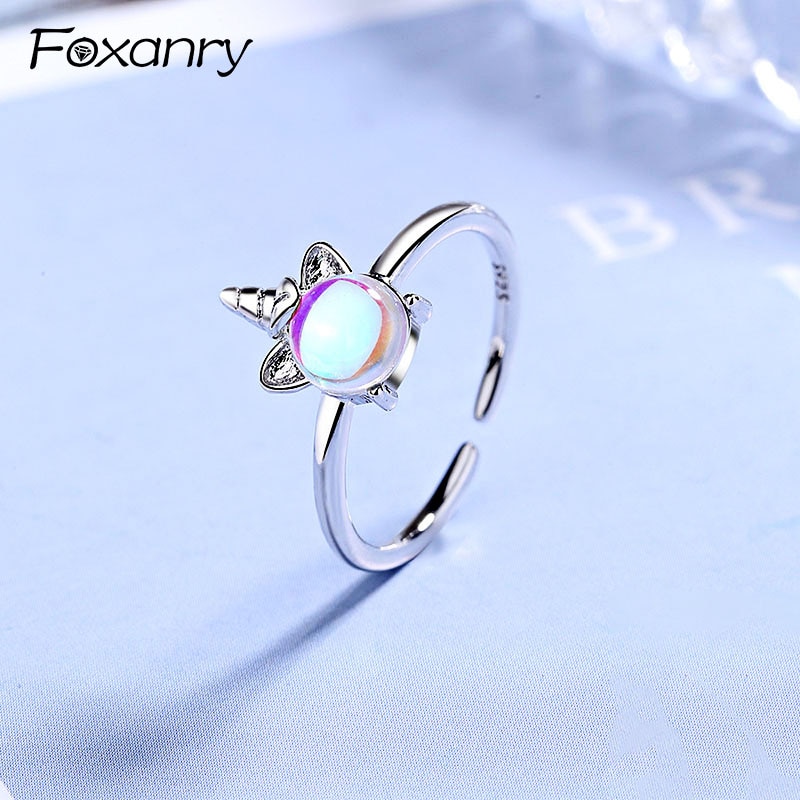 Foxanry 925 sterlina Argento Creativo unicorno Anello di Barretta per Le Donne Nuovo Terndy Strass anelli di Fidanzamento Dei Monili Fatti A Mano