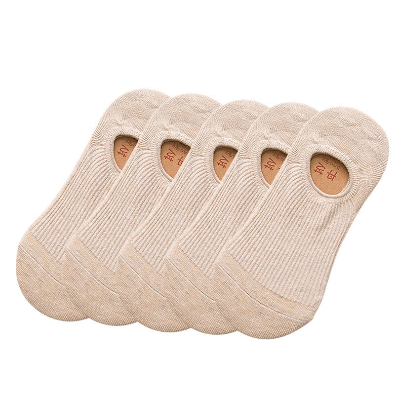 5Pairs/lot Spring Summer Women Socks Solid Wild Shallow Mouth Vertical Stripes Silicone Non-slip Invisible Sock Slipper: Khaki