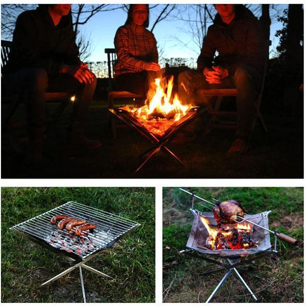 Portable Contractile BBQ Holder Rack Outdoor Portable Fire Rack Folding Table Grill Stainless Steel Point Charcoal Stove