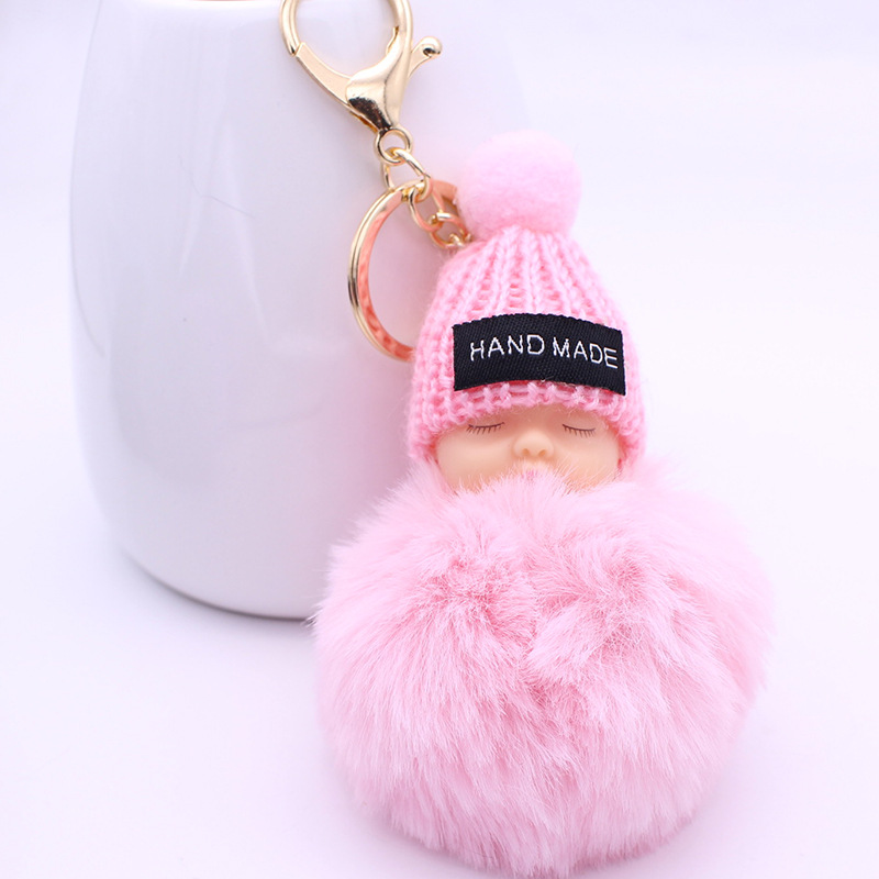 ISINYEE Leuke Slapen Babypop Sleutelhangers Voor Vrouwen Bag Speelgoed Sleutelhanger 8 cm Pluizige Pom pom Faux Bont Sleutelhanger Trinket Sieraden: pink