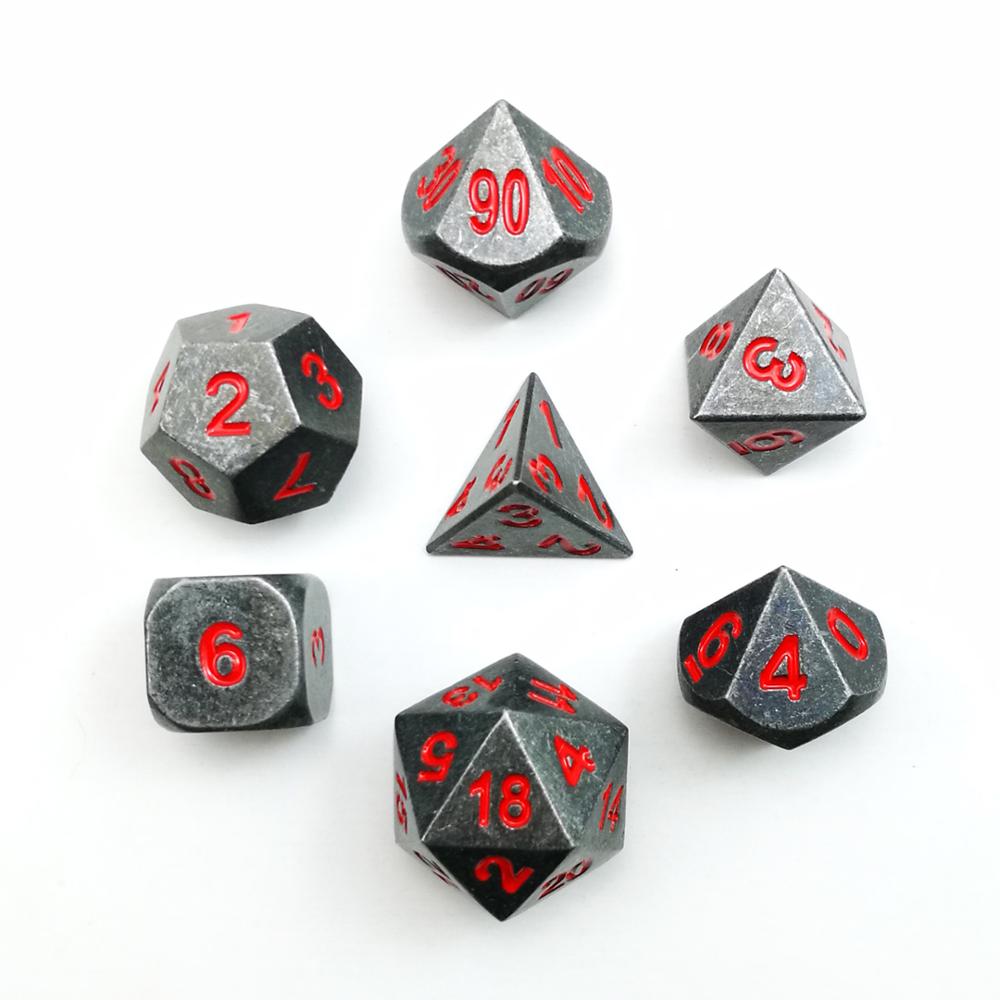 Metallic 7pcs RPG Dice Set, Metal RPG Game Dice With Red Numbers, Metallic 7pcs Polyhedral Dice Set