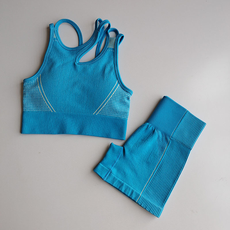 Seamless Yoga Set 2 Piece Sports Suit Female Workout Clothes Medium Support Sports Bra+High Waist Gym Shorts Women Sportwear: blue / M