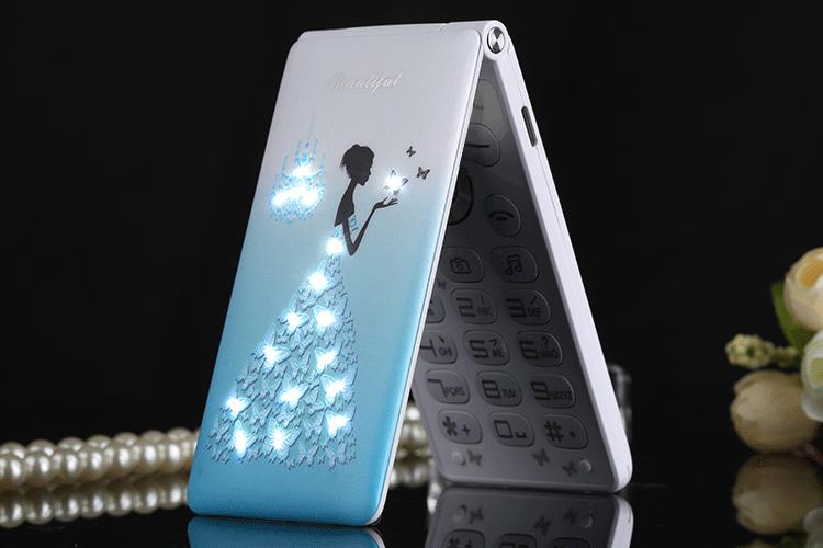 D11 flower Flip Mobile Phone With Dual SIM Card Cartoon Breath Light Camera Voiceking Women Girls MP3 Cute 2.4 Inch CellPhone