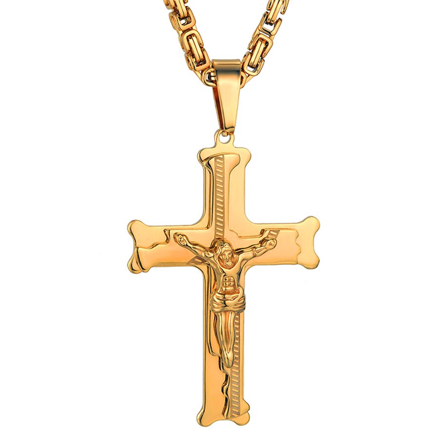Stainless Steel Big Jesus Cross Pendant With Long Chain Men&#39;s Gold Color Crucifix Necklaces Male Religious Jewelry: XL985 Gold Color / 58cm