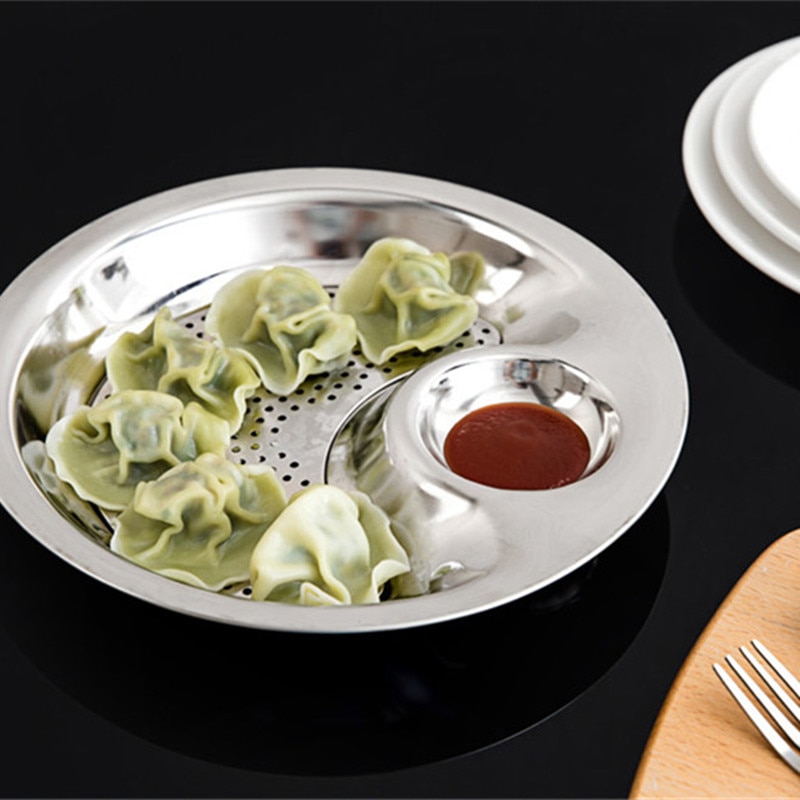 Mors hånd rustfrit stål rund dumpling fad tallerken dumplings sushi serveringsbakke aflang tallerken salat brød retter